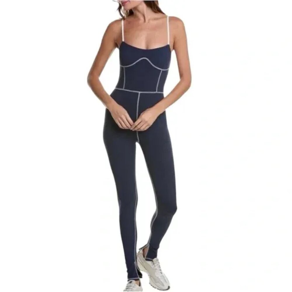 WeWoreWhat Silhouette Ankle Flare Jumpsuit Navy/White Contrast Stitching Size L